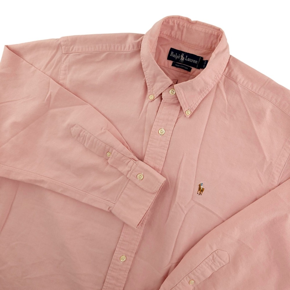 Ralph Lauren Oxford Mens 17-33 Pink Solid Long Sleeve Button Down Cotton Casual